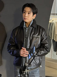 Jungkook CK JK Leather Jacket Leather Jacket unisex front product view | Dash Racegear — front view of Jungkook CK JK Leather Jacket