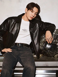 Jungkook Calvin Klein Leather Jacket Leather Jacket unisex front product view | Dash Racegear — Jungkook for Calvin Klein Black Leather Racer Jacket featuring smooth leather finish and clean design.