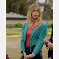 High Potential Kaitlin Olson Teal Fringed Jacket Jacket unisex detail view 3 | Dash Racegear — High Potential Kaitlin Olson Teal Fringed Jacket