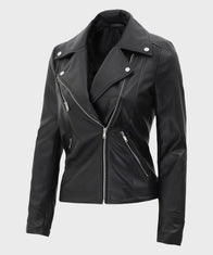 Kinzie Black Motorcycle Leather Jacket Leather Jacket unisex detail view 2 | Dash Racegear — Black Motorcycle Womens Asymmetrical Leather Jacket