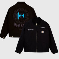 Carhartt WIP Kompakt Record Bar Jacket Jacket unisex front product view | Dash Racegear — Front and back views of a black Carhartt WIP x Kompakt Record Bar jacket on a grey background.