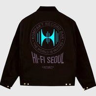 Carhartt WIP Kompakt Record Bar Jacket Jacket unisex detail view 2 | Dash Racegear — Back of a black Carhartt WIP x Kompakt Record Bar jacket with "HI-FI SEOUL" and a circular graphic