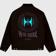 Carhartt WIP Kompakt Record Bar Jacket Jacket unisex detail view 2 | Dash Racegear — Back of a black Carhartt WIP x Kompakt Record Bar jacket with "HI-FI SEOUL" and a circular graphic
