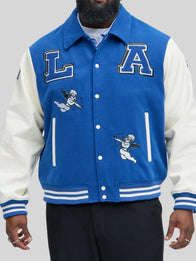 Koyin x Fashion Nova Varsity Jacket Varsity Jacket unisex front product view | Dash Racegear — Koyin x Fashion Nova wool varsity jacket in blue, perfect for streetwear and casual outfits.