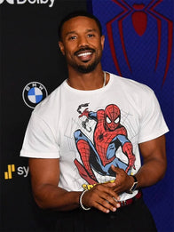 Michael B Jordan Spider-Man Premiere T-Shirt Shirt unisex detail view 2 | Dash Racegear — Spider-Man LA Premiere vintage T-shirt showcasing premium comfort with bold superhero-inspired style and timeless appeal.