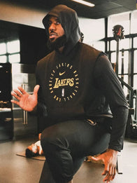 Lebron James Lakers Sleeveless Hoodie Hoodie unisex detail view 4 | Dash Racegear — Sleeveless black Lakers hoodie with soft texture, loose fit, and raw edges for stylish layering or light workouts