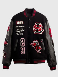 Levi’s x Jordan 2026 Varsity Jacket Varsity Jacket unisex front product view | Dash Racegear — Levi’s x Jordan 2026 black varsity jacket with wool body and leather sleeves, classic heritage style for streetwear fans.
