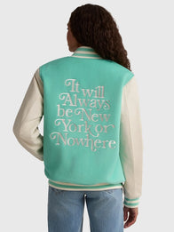Liberty Motto Varsity Jacket Varsity Jacket unisex detail view 2 | Dash Racegear — This Men & Women’s Liberty Motto Jacket features a varsity design, smooth feel, and a contemporary New York-inspired aesthetic.