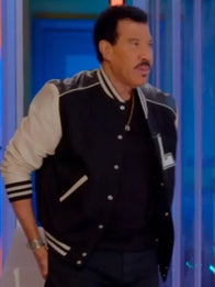 American Idol S24 Lionel Richie Varsity Jacket Varsity Jacket unisex front product view | Dash Racegear — Lionel Richie American Idol Season 24 Varsity Jacket in black & white, stylish and cozy for music fans.