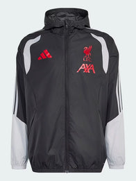 LFC Adidas 26/27 Tiro All Weather Jacket Jacket unisex front product view | Dash Racegear — Adidas Liverpool FC 26/27 Tiro All Weather Hooded Jacket Unisex featuring lightweight protection and clean football-inspired design.