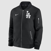 Los Angeles Dodgers Black Dugout Bomber Jacket Bomber Jacket unisex front product view | Dash Racegear — Dodgers dugout bomber jacket – black edition for ultimate fans