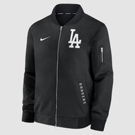 Los Angeles Dodgers Black Dugout Bomber Jacket Bomber Jacket unisex front product view | Dash Racegear — Dodgers dugout bomber jacket – black edition for ultimate fans