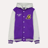 Los Angeles Lakers Throwback Prep Jacket Jacket unisex front product view | Dash Racegear — Los Angeles Lakers Fan Jacket – Throwback Style for Hoops Lovers