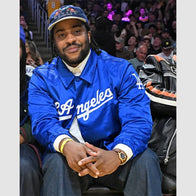 Malcolm Washington Los Angeles Dodgers Jacket Jacket unisex front product view | Dash Racegear — Los Angeles Dodgers Varsity Jacket – Styled by Malcolm Washington