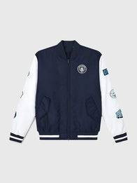Manchester City Varsity Bomber Jacket Bomber Jacket unisex front product view | Dash Racegear — Front image of Manchester City Varsity Bomber Jacket