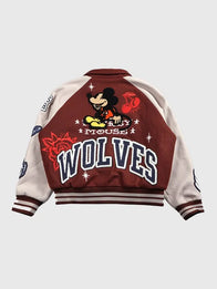 Mickey Mouse Wolves Club Rudy Letterman Jacket Jacket unisex detail view 4 | Dash Racegear — Maroon Mickey Mouse Wolves Club Roxy Box Cut Rudy letterman varsity jacket crafted for premium comfort and versatile everyday fashion.