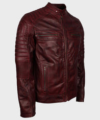 Mens Vintage Cafe Racer Maroon Waxed Leather Jacket Biker Jacket men detail view 2 | Dash Racegear — Mens Cafe Racer Maroon Waxed Leather Jacket