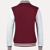 Womens Maroon and Grey Varsity Jacket Varsity Jacket women detail view 2 | Dash Racegear — Maroon and Grey Varsity Jacket