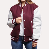 Womens Maroon and White Leather Sleeves Varsity Jacket Varsity Jacket women front product view | Dash Racegear — Maroon and White Wool and Leather Sleeves Varsity Jacket