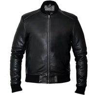 Joshua Black Bomber Leather Jacket Bomber Jacket unisex front product view | Dash Racegear — Black Bomber Leather Jacket
