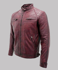 Men’s Burgundy Leather Jacket Biker Jacket men detail view 2 | Dash Racegear — Mens Café Racer Leather Burgundy Jacket