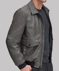 Mens Grey Leather Bomber Jacket Bomber Jacket men detail view 2 | Dash Racegear — Grey Bomber Leather Jacket