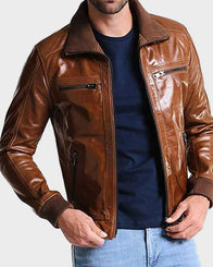 Mens Bomber Shining Brown Leather Jacket Bomber Jacket men detail view 3 | Dash Racegear — Mens Bomber Shining Brown Leather Jacket