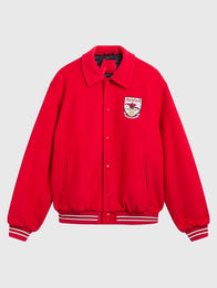 Arsenal Essentials Varsity Jacket Varsity Jacket unisex front product view | Dash Racegear — Arsenal Essentials Red Wool Varsity Jacket, timeless collegiate-inspired design and cozy layered comfort.