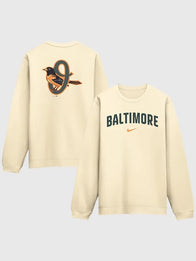Baltimore Orioles 2026 City Connect Club 2-Hit Sweatshirt Sweatshirt unisex front product view | Dash Racegear — Men’s Baltimore Orioles 2026 Nike cream Club 2-Hit sweatshirt, soft feel for everyday wear and stadium outings.