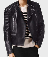 Mens Asymmetrical Black Bikers Padded Jacket Biker Jacket men front product view | Dash Racegear — Mens Black Padded Shoulders Bikers Jacket