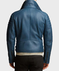 Mens Shearling Blue Leather Jacket Leather Jacket men detail view 2 | Dash Racegear — Blue Motorcycle Shearling Leather Jacket for Mens