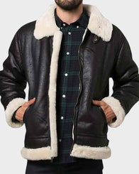 Mens Aviator Black Shearling Jacket Jacket men front product view | Dash Racegear — Mens Aviator Style Black Shearling Leather Jacket