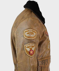 Mens Aviator Tan Bomber Leather Jacket Leather Jacket men detail view 2 | Dash Racegear — Mens Aviator Tan Bomber Leather Jacket