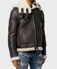 Mens Aviator Charcoal Grey Shearling Hooded Jacket Jacket men front product view | Dash Racegear — Mens Charcoal Grey Aviator Shearling Jacket