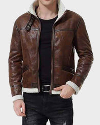 Mens Aviator Distressed Brown Leather Jacket Leather Jacket men front product view | Dash Racegear — Mens Aviator Distressed Brown Shearling Leather Jacket