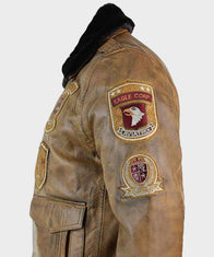 Mens Aviator Tan Bomber Leather Jacket Leather Jacket men detail view 3 | Dash Racegear — Mens Aviator Bomber Leather Jacket with Patches