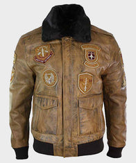 Mens Aviator Tan Bomber Leather Jacket Leather Jacket men front product view | Dash Racegear — Mens Aviator Tan Fur Collar Bomber Jacket