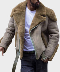 Mens Aviator Sheepskin Shearling Leather Jacket Leather Jacket men detail view 6 | Dash Racegear — Mens Aviator Shearling Beige Jacket