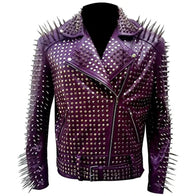 Men’s Purple Studded Leather Jacket Leather Jacket men front product view | Dash Racegear — Purple Studded Leather Jacket