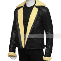 Mens Cream Shearling Black Leather Jacket Leather Jacket men detail view 4 | Dash Racegear — Cream Shearling Black Leather Biker Jacket for Mens Outfits