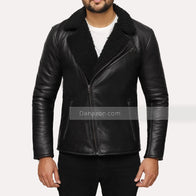 Mens Black Shearling Winter Leather Jacket Leather Jacket men detail view 4 | Dash Racegear — Mens Shearling Biker Leather Jacket - Dash Racegear