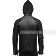 Mens Black Hooded Leather Jacket Bomber Jacket men detail view 3 | Dash Racegear — Black Hooded Leather Jacket for Mens