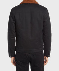 Mens Black Cotton Brown Shearling Collar Jacket Jacket men detail view 3 | Dash Racegear — Mens Black Trucker Cotton Jacket