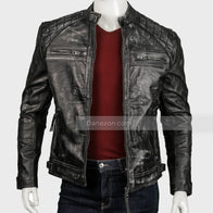 Mens Black Distressed Cafe Racer Leather Jacket Leather Jacket men detail view 2 | Dash Racegear — Mens Black Distressed Cafe Racer Leather Jacket