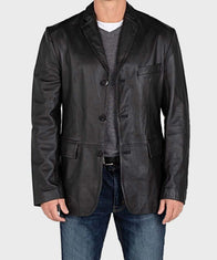 Mens Black Leather Blazer Blazer men front product view | Dash Racegear — Black Leather Buttoned Blazer