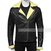 Mens Cream Shearling Black Leather Jacket Leather Jacket men front product view | Dash Racegear — Mens Black Leather Cream Shearling Biker Jacket