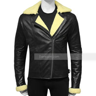Mens Cream Shearling Black Leather Jacket Leather Jacket men front product view | Dash Racegear — Mens Black Leather Cream Shearling Biker Jacket