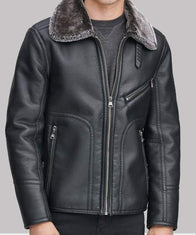 Mens Black Leather Faux Shearling Collar Jacket Jacket men front product view | Dash Racegear — Mens Faux Shearling Collar Black Sheepskin Jacket