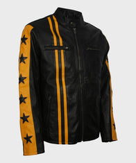 Mens Cafe Racer Yellow Star Black Leather Jacket Biker Jacket men detail view 2 | Dash Racegear — Mens Cafe Racer Yellow Star Leather Jacket