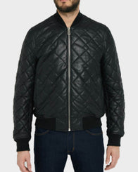 Mens Black Quilted Bomber Leather Jacket Leather Jacket men front product view | Dash Racegear — Mens Bomber Black Quilted Leather Jacket